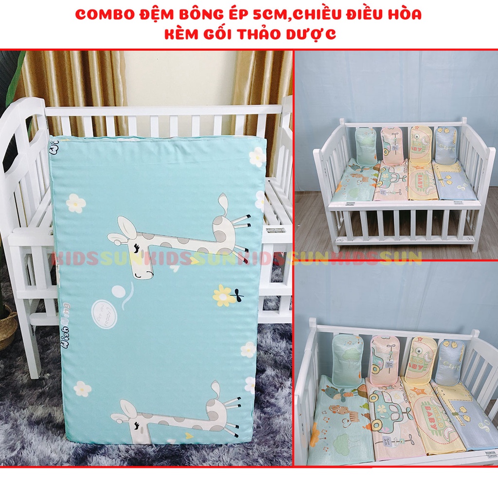 Bộ ComBo Đệm Bông Ép 5cm,Chiếu Điều Hòa Kèm Gối Thảo Dược Cho Giường Cũi Trẻ Em - KIDSSUN