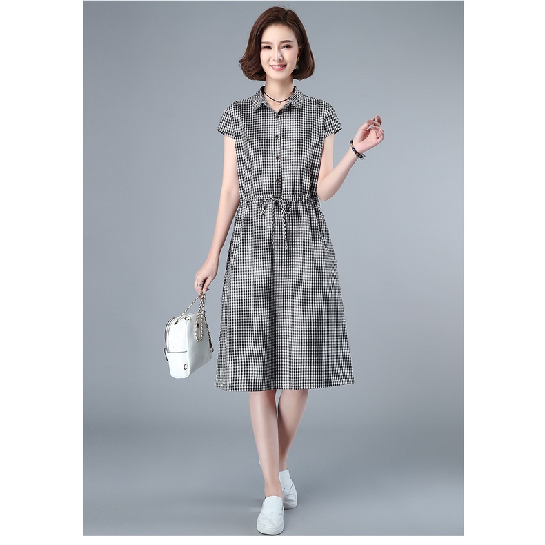 {Ảnh Thật} Váy nữ kẻ caro rút eo, chất vải thô đũi mềm mát, thời trang cho phái nữ DA73