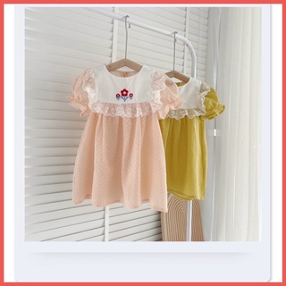 Váy cộc tay chấm bi cổ thêu hoa cho bé gái