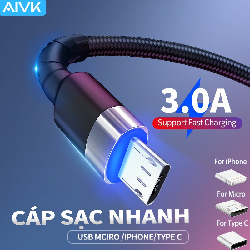 Dây cáp sạc nhanh Micro USB có đèn Led 3A cho android