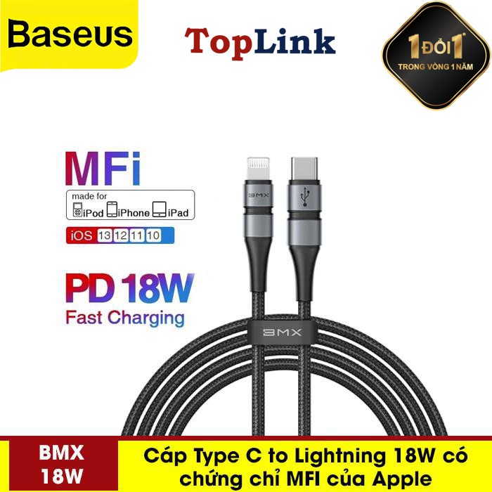 Cáp Sạc Nhanh BMX Có Chứng Chỉ MFI 18w Sạc Nhanh Và Truyền Dữ Liệu Cho IPmáy tính bảng táo