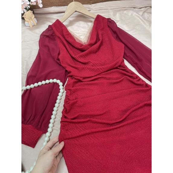 Đầm body tay dài cổ V cách điệu chất thun kim tuyến cáo cấp co giãn tốt - Thời trang VADA - VB65 -KLH)(