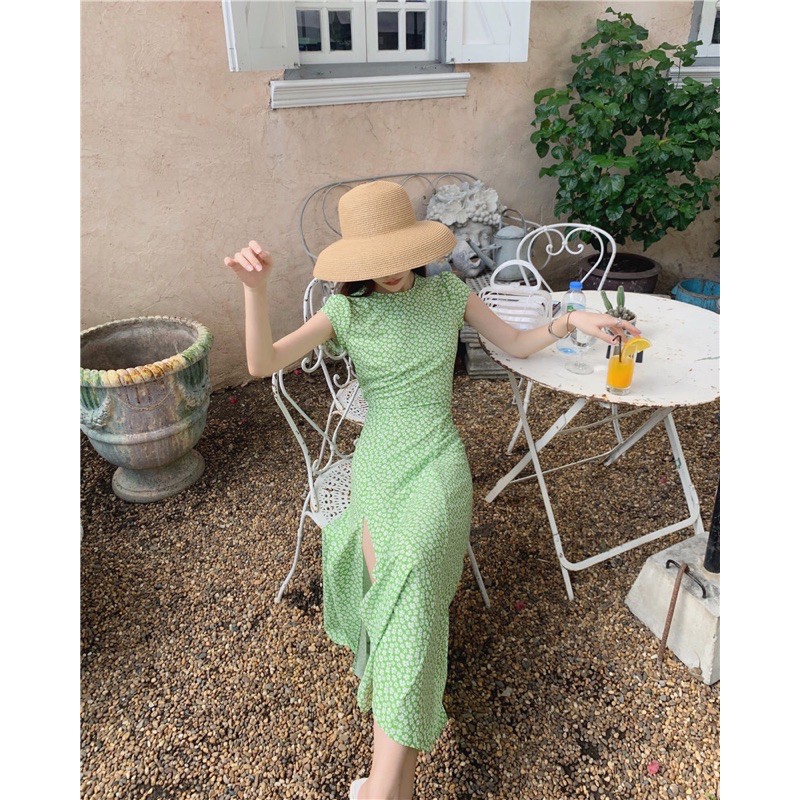 Sẵn - Váy maxi xanh phong cách retro