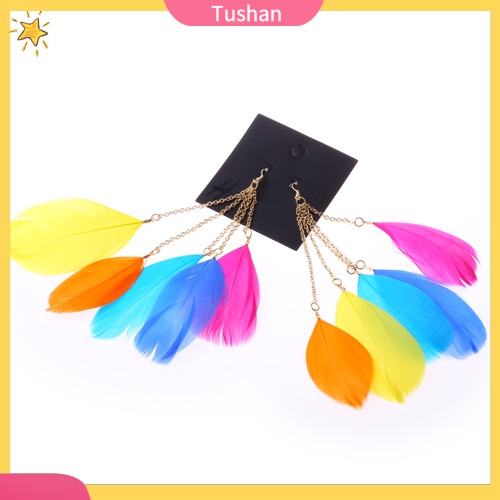 Khuyên Tai Lông Vũ Màu Sắc Tương Phản Phong Cách Bohemian