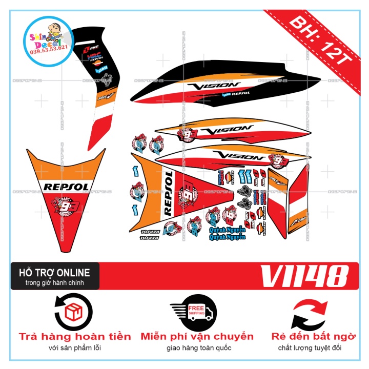 TEM RỜI XE VISION 2012 REPSOL DÁN XE ĐEN -- SHIN DECAL 2