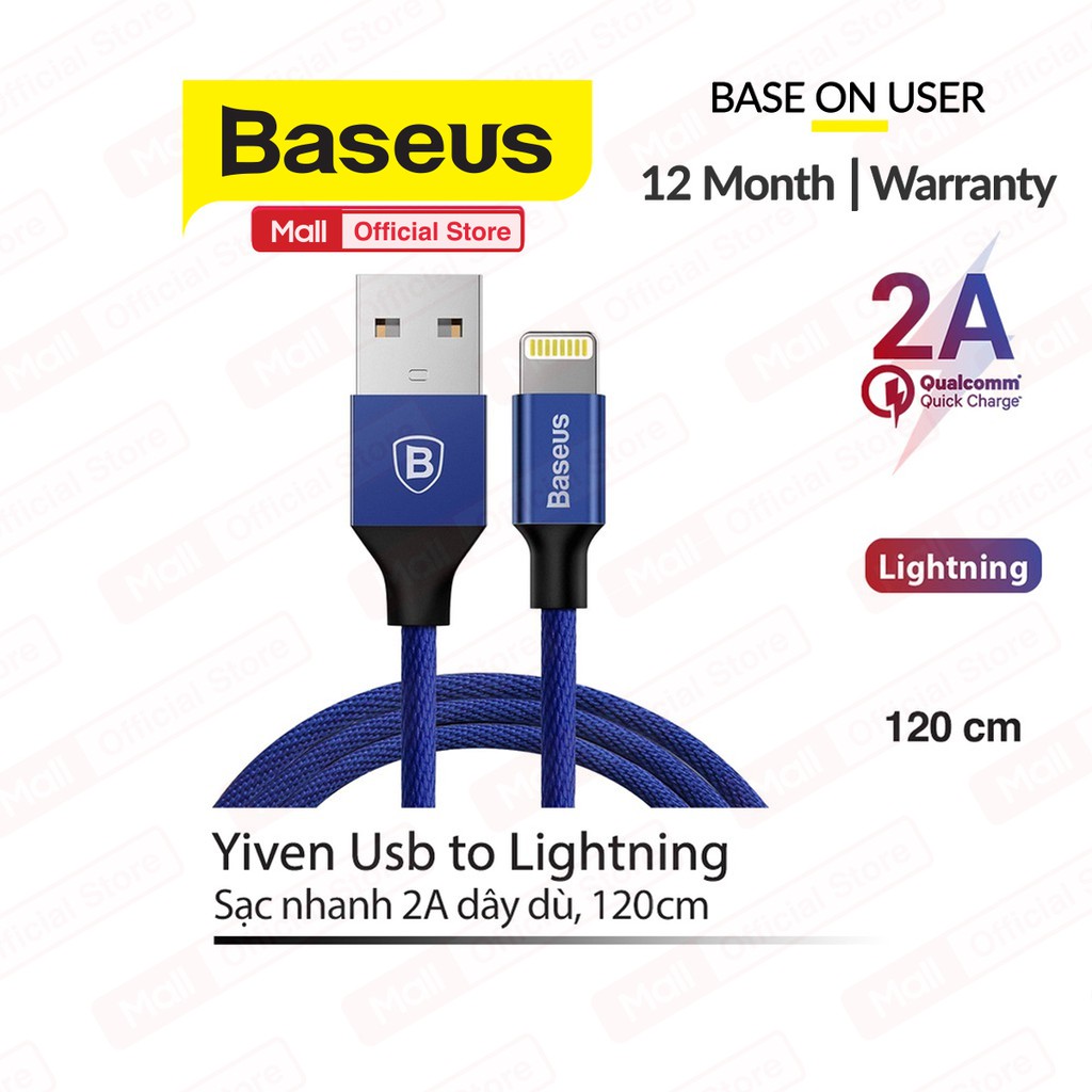 Cáp sạc Baseus Yiven USB to Lightning, vỏ cáp bọc dù chống gẫy gập dài 120cm, sạc nhanh 2A siêu bền