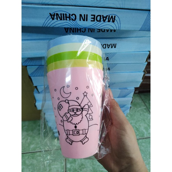 hình thật combo 5 ly uống nước bằng nhựa nhiều màu nhiều họa tiết, ly, tách uống nước sử dụng an toàn
