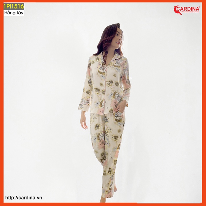 Đồ bộ pijama nữ CARDINA chất lụa satin Nhật cao cấp quần dài áo cộc tay họa tiết tinh tế thanh lịch 1Pi15.