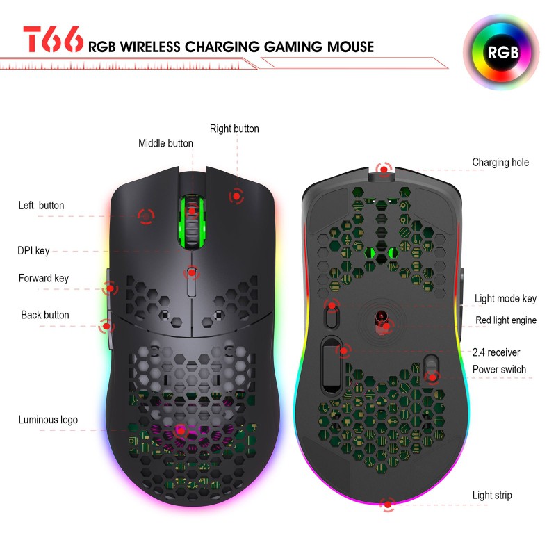 Chuột Không Dây T66 Tổ Ong Rgb 2.4ghz