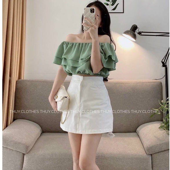 Áo Croptop Bẹt Vai Bèo Màu Xanh Có Chun Co Giãn Mix Chân Váy Trắng Nhẹ Nhàng Siêu Xinh