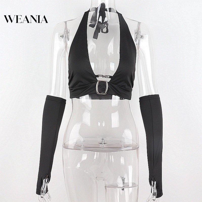 Áo Tank Top Hở Lưng Phối Găng Tay Phong Cách Đường Phố Cá Tính Cho Nữ