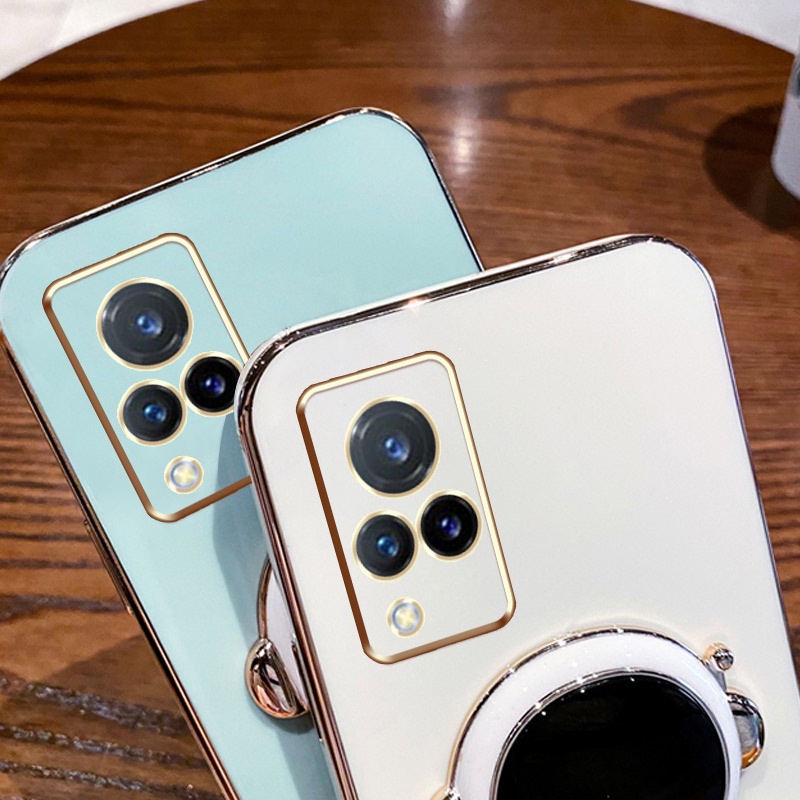 Ốp lưng Giá đỡ phi hành gia mạ vàng sang trọng Giá đỡ tích hợp Vỏ mềm Tương thích với Cho VIVO V21 V21E V20 V20SE V19 Neo V17 V15 V11 Y71T Y73 S1PRO Ốp silicon TPU màu trơn đơn giản case