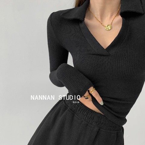 COZOK Áo kiểu polo COZOK tay dài cổ chữ V ôm dáng co giãn phong cách vintage quyến rũ dành cho nữ
