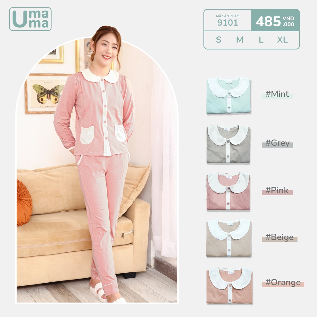 Bộ quần áo mẹ bầu sau sinh cho con bú mặc nhà Ualarogo dài tay cotton cổ sam 2 túi mềm thấm hút thoáng mát