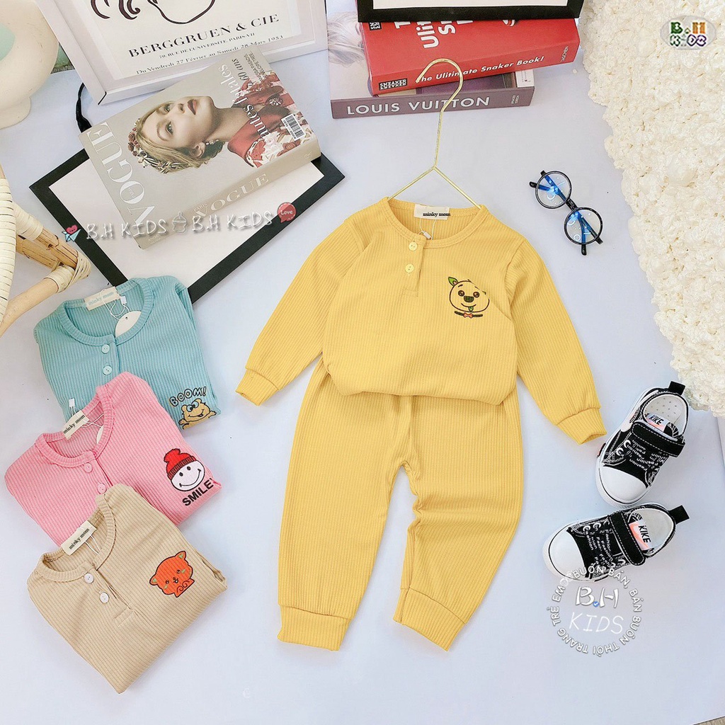 Quần Áo Len Tăm Cho Bé, Bộ Thun Len Dài Tay Minky Mom Thu Đông Khuy Giữa Bé Trai Bé Gái