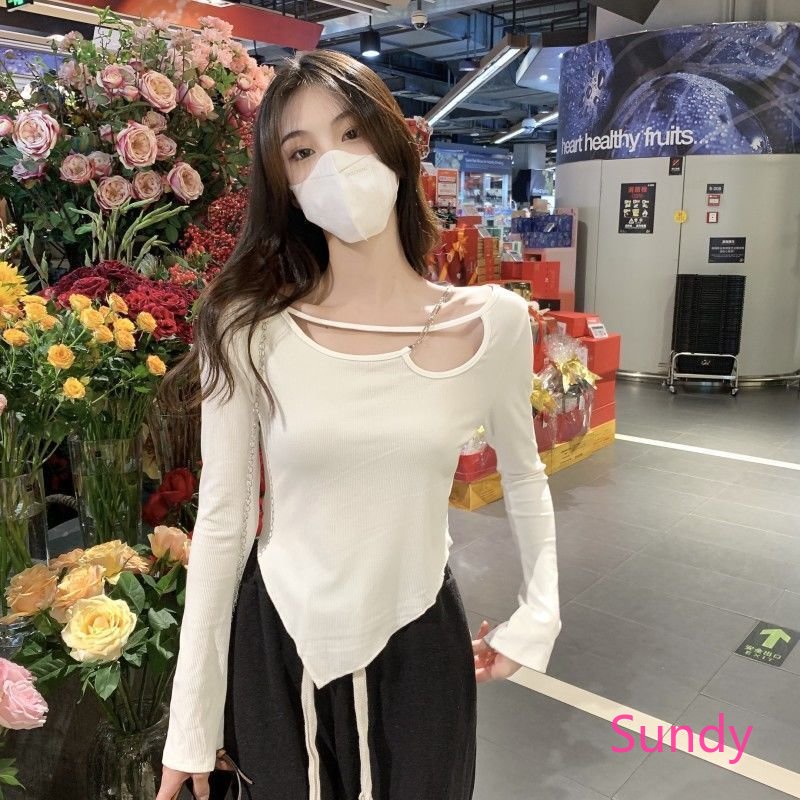 Áo Thun Dài Tay Phối Dây Xích Phong Cách Châu Âu Quyến Rũ Dành Cho Nữ
