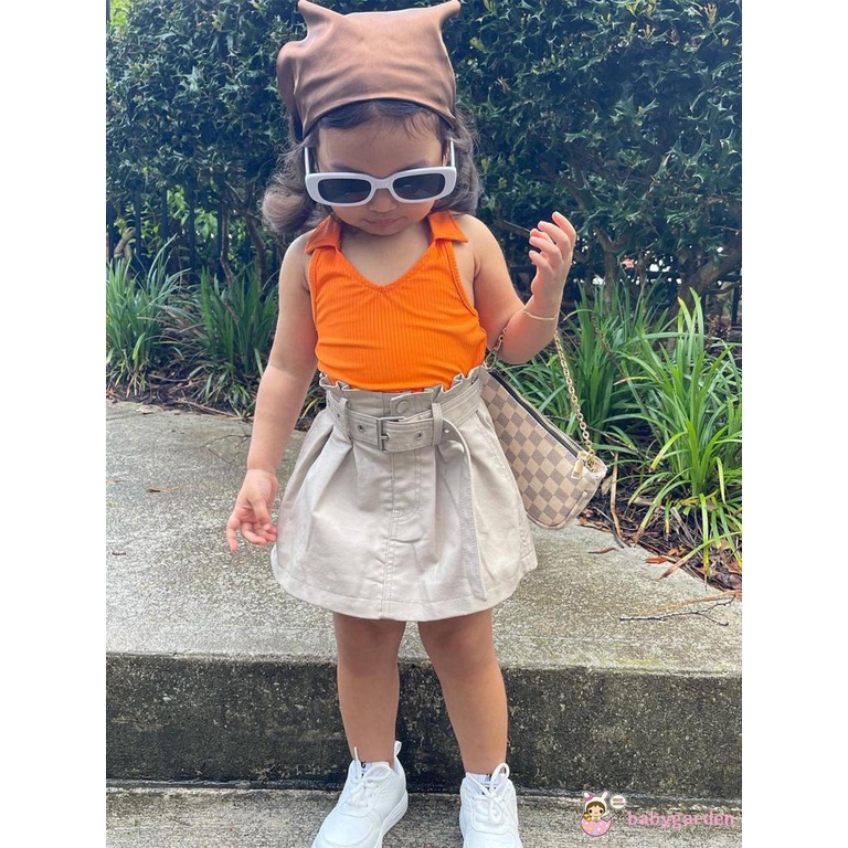 Bộ Áo Cổ Yếm + Chân Váy Màu Trơn Kèm Thắt Lưng Dễ Thương Cho Bé Gái 1-6 Tuổi