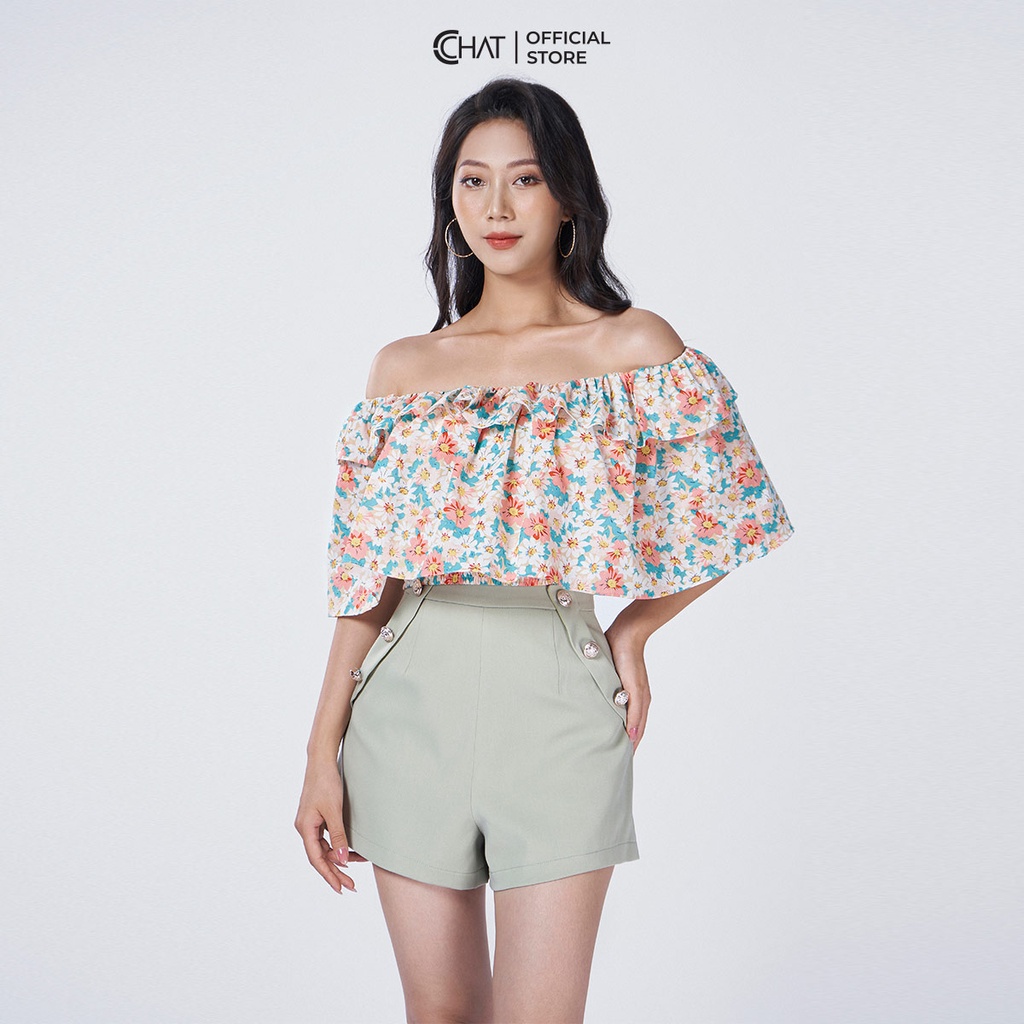 Áo Kiểu Nữ 𝐂𝐂𝐇𝐀𝐓 Trễ Vai Họa Tiết 2 Tầng Bèo Chất Thô Cao Cấp 92ANT5001AT