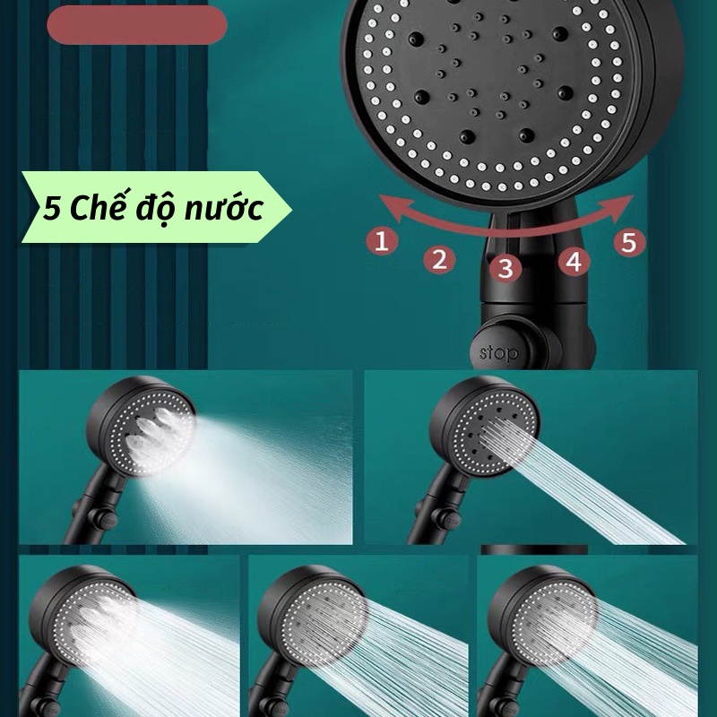 Bộ Vòi Hoa Sen Đầu Vòi Tăng Áp 5 CHẾ ĐỘ Tiết Kiệm Nước Màu Đen Sang Trọng