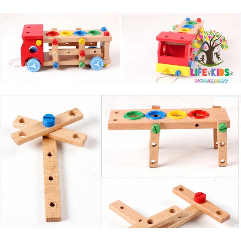 Đồ chơi gỗ - Bộ xe lắp ráp, xếp hình kèm đập bóng -xe ốc vít lắp ráp kèm đập bóng