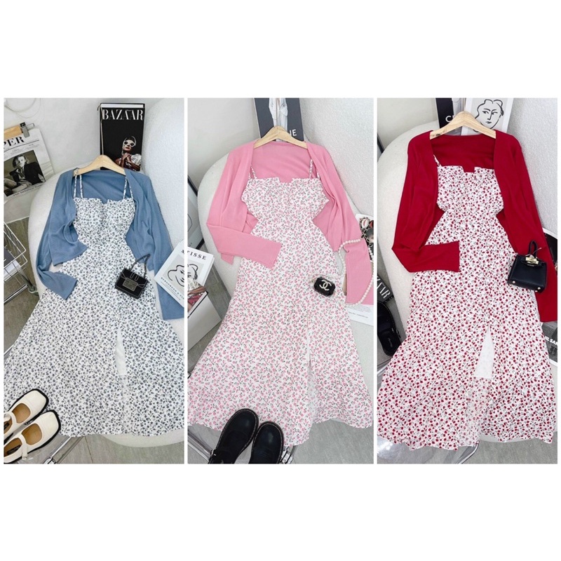 ĐẦM MIDI HOA NHÍ HAI DÂY CÓ MÚT + ÁO KHOÁC BA MÀU [kèm ảnh thật]