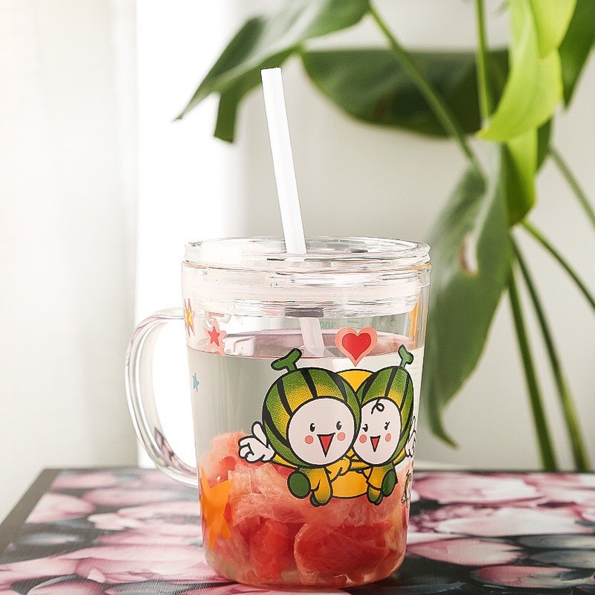 Combo 2 Ly Thủy Tinh Đựng Nước Tiện Lợi Cốc Giữ Nhiệt 3 In 1 Có Nắp Đậy Kín Hơi 400ml Tặng Ống Hút Angola_Shop