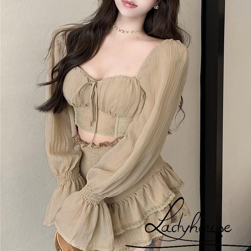 Áo Croptop Tay Dài Màu Trơn Phối Dây Buộc Thời Trang Cho Nữ