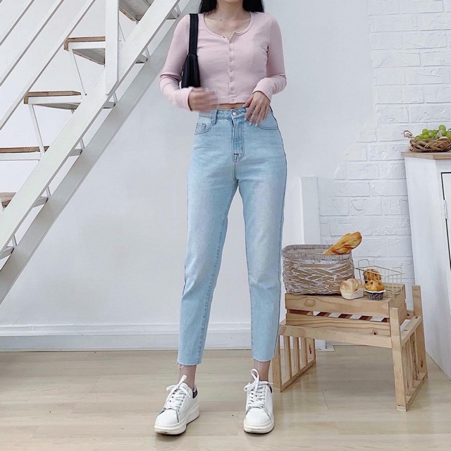 Quần momjeans trơn lai cắt lưng cao