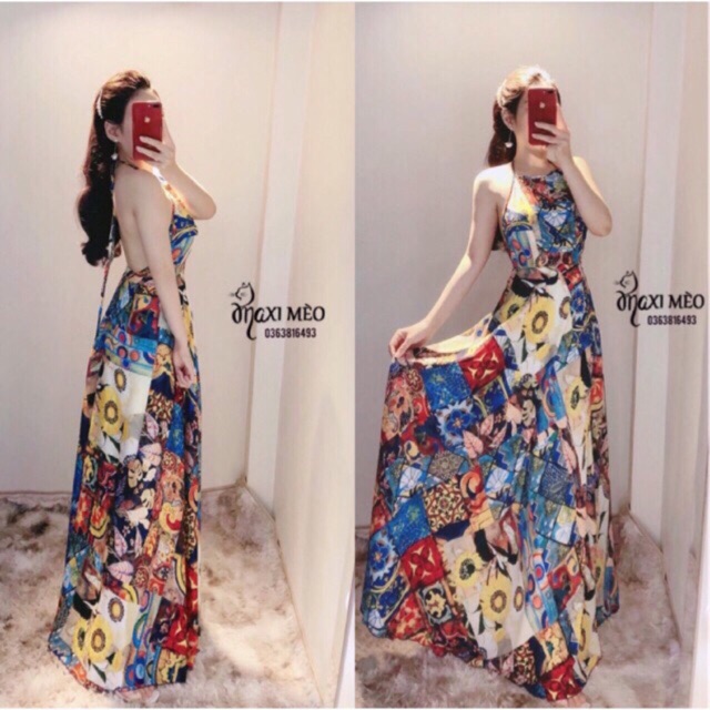 Đầm maxi yếm hở lưng thổ cẩm du lịch đi biển (Ảnh thật khách mặc)