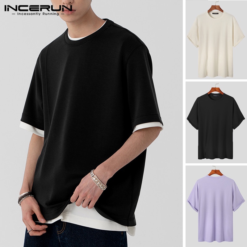 Áo thun INCERUN tay ngắn cổ tròn màu trơn thời trang mùa hè dành cho nam