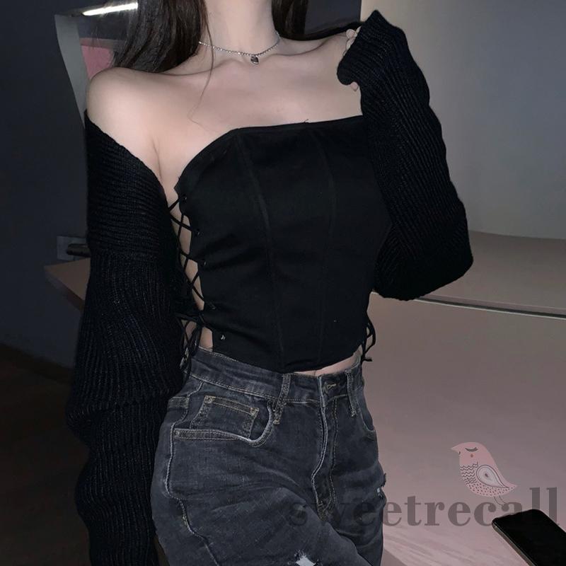 Áo Ống Mùa Hè Màu Trơn Không Dây Dạng Ống Có Dây Chéo Cho Nữ