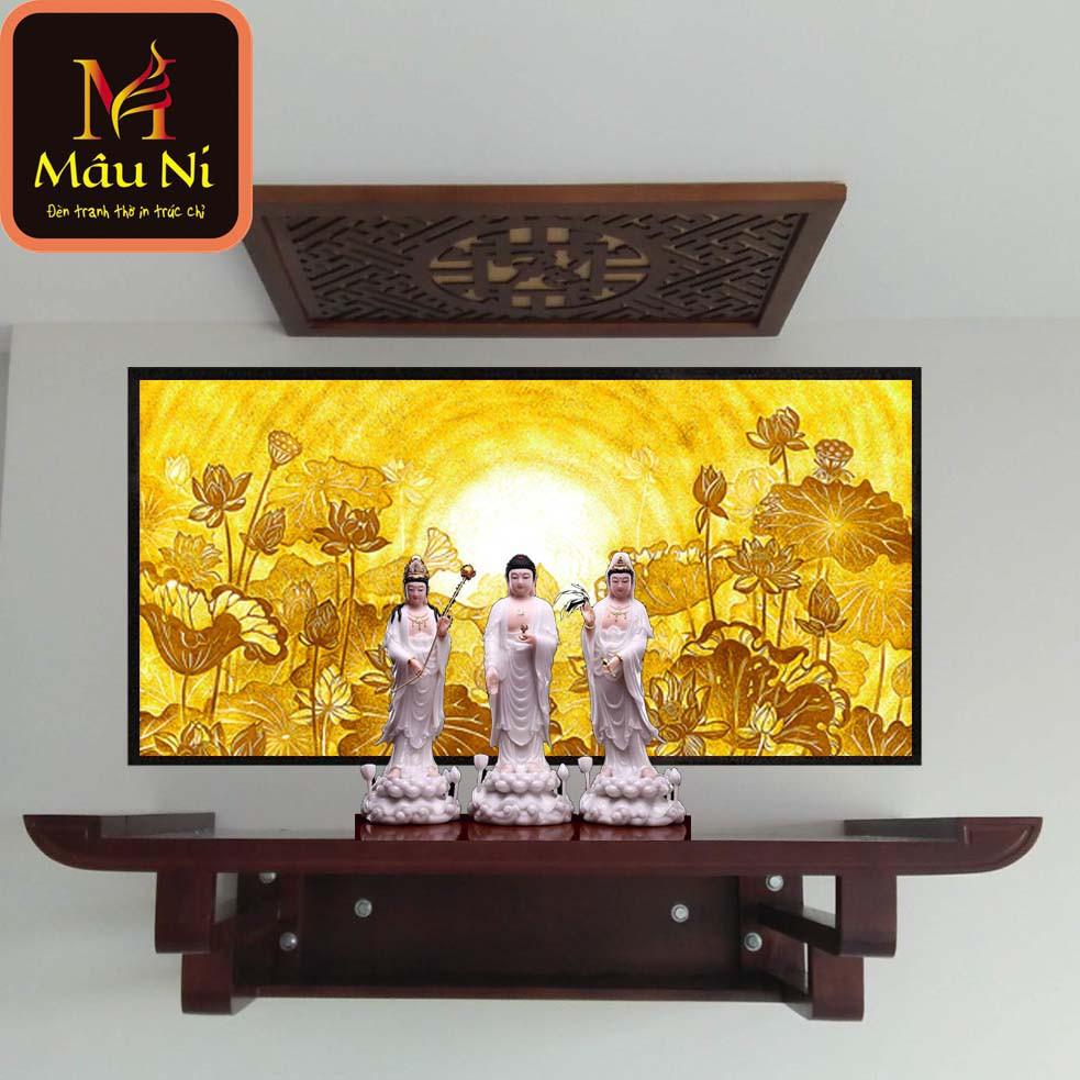 Tranh trúc chỉ in MÂU NI Sen vầng, KT 61cm x 81cm - (thích hợp bàn thờ rộng 89cm hoặc 107cm [ Tượng thờ tam thế đẹp cần]