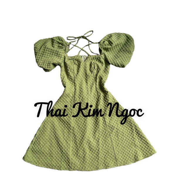 Đầm cổ vuông dạo phố dự tiệc tay phồng gấm ô vuông 2 lớp