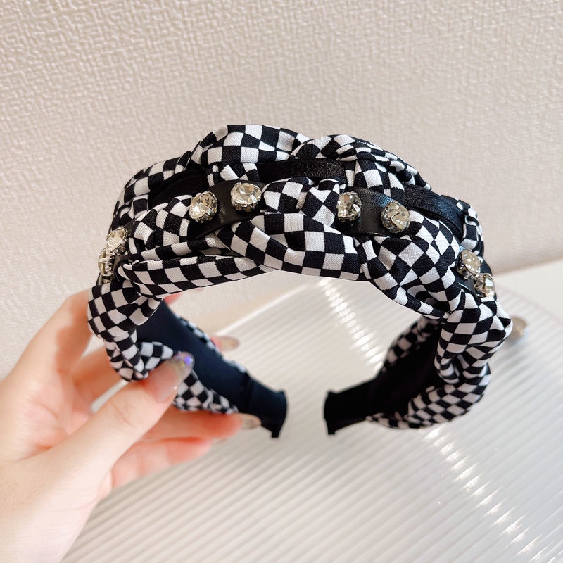 Băng Đô Cài Tóc Vải Họa Tiết Caro Màu Xanh Đen Phong Cách Hàn Quốc