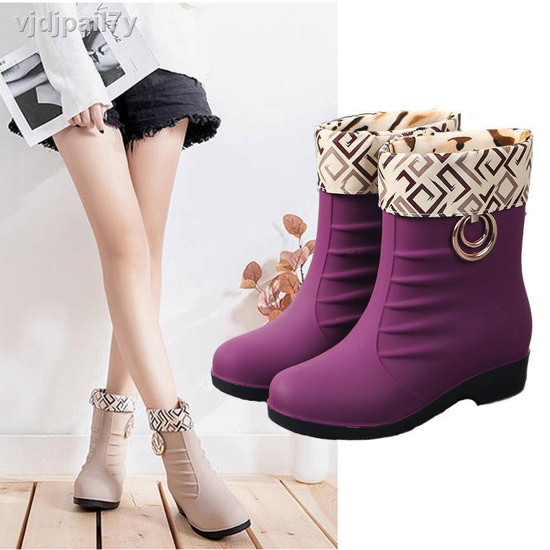 ( Sẵn)Bán nóng giày đi mưa phụ nữ ống giữa không thấm nước cao su overshoes ủng thời trang cộng với bông nhung ấm áp của