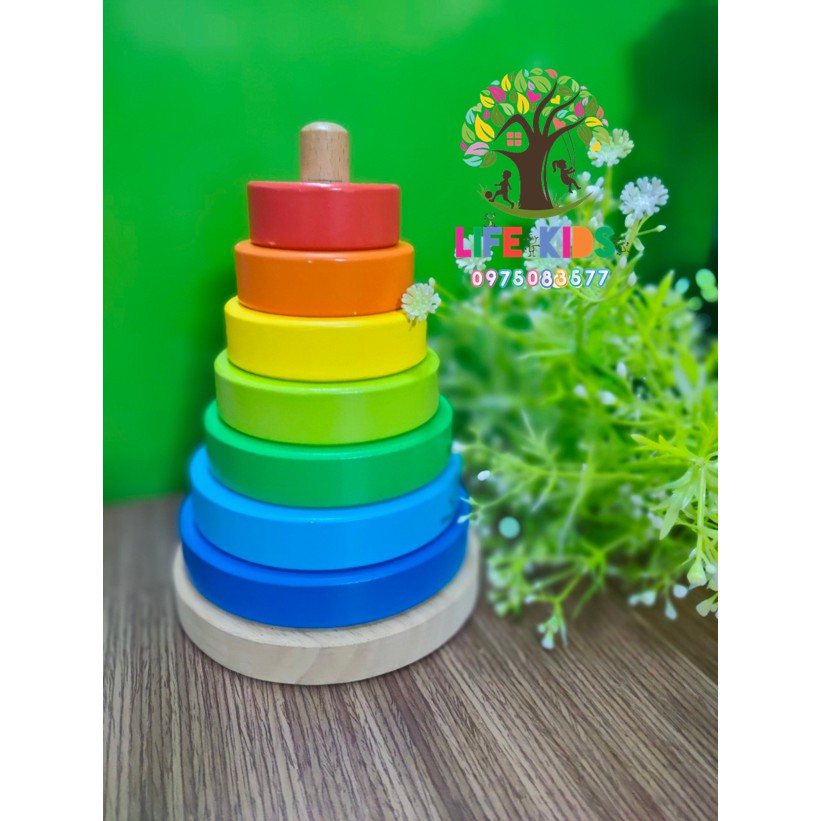 Giáo cụ montessori -Xếp hình cầu vồng- đồ chơi gỗ -kèm học liệu -kích thích tư duy, sáng tạo, an toàn - hàng xuat khau