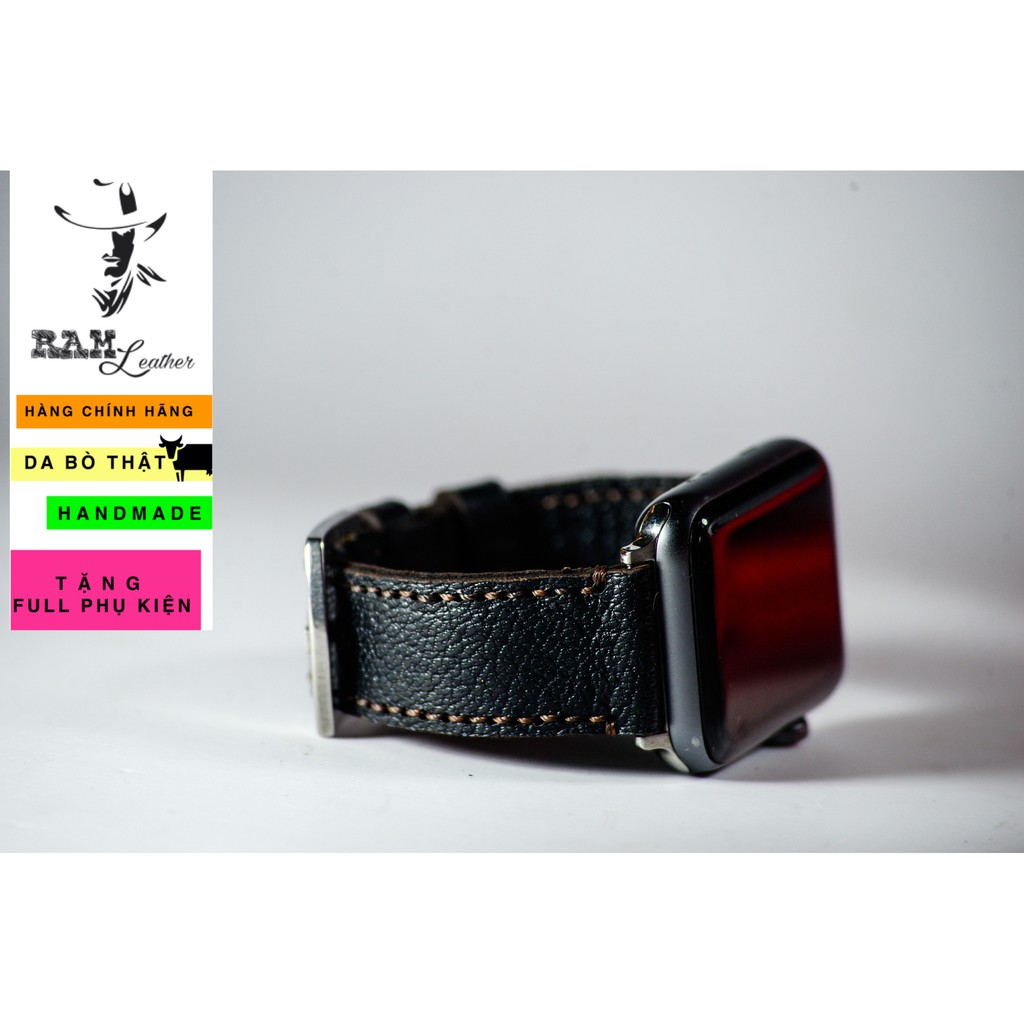 Dây đồng hồ Apple Watch , Iwatch , Iphone Watch Da Dê Đen Vân Alran RAM Leather 1955  Bền Đẹp