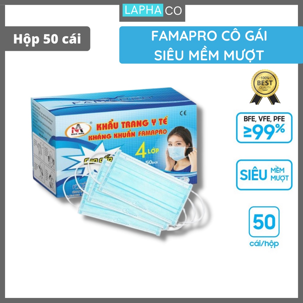 Khẩu trang y tế Famapro Cô gái 4 lớp kháng khuẩn (50 cái/ hộp)