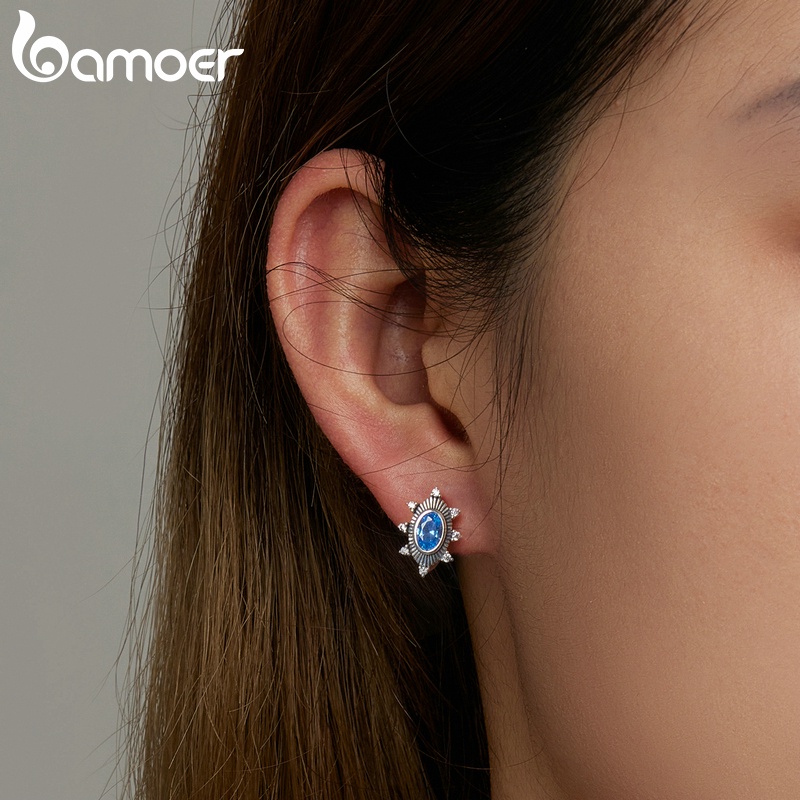 Cặp bông tai BAMOER bằng bạc 925 đính đá màu xanh dương thời trang