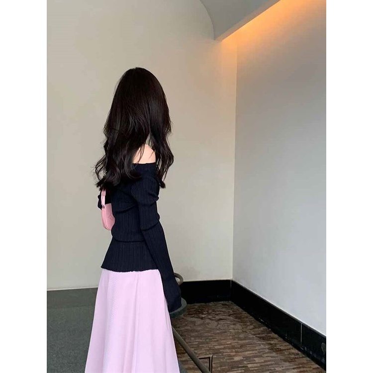 Áo dệt kim ZHELIHANGFEI trễ vai tay dài cổ cao gợi cảm