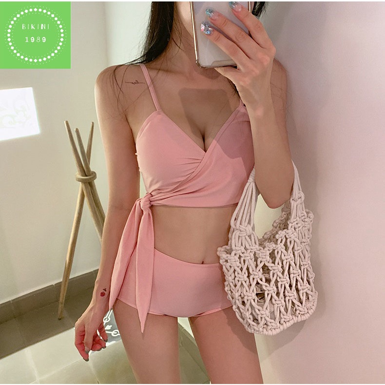 Bikini, Bộ bơi đồ bơi áo tắm 2 mảnh thắt eo nơ hồng đi biển cạp cao che bụng phong cách hàn quốc