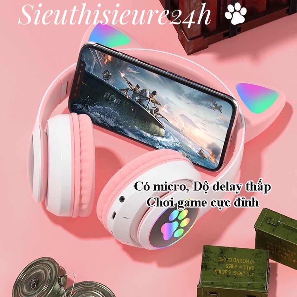 Tai Nghe Mèo Bluetooth 5.0 ❤️FREESHIP❤️ Tai Nghe Không Dây Có Mic, Âm Bass Mạnh Mẽ Và Dung Lượng Pin Khủng 400mAh