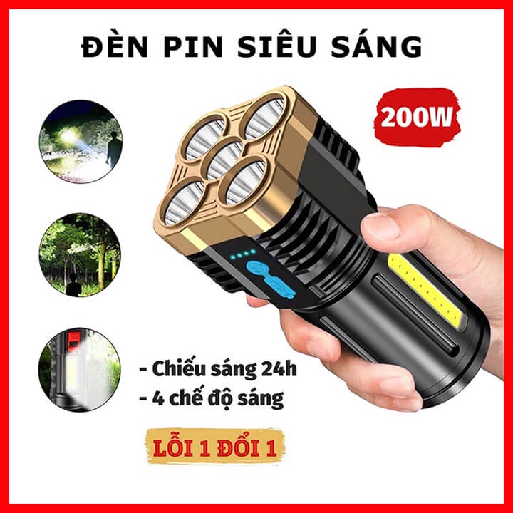 Đèn pin cầm tay siêu sáng 5 bóng Pro chiếu xa 200m, chống thấm nước, pin trâu 4 chế độ sáng, có COD Led phụ