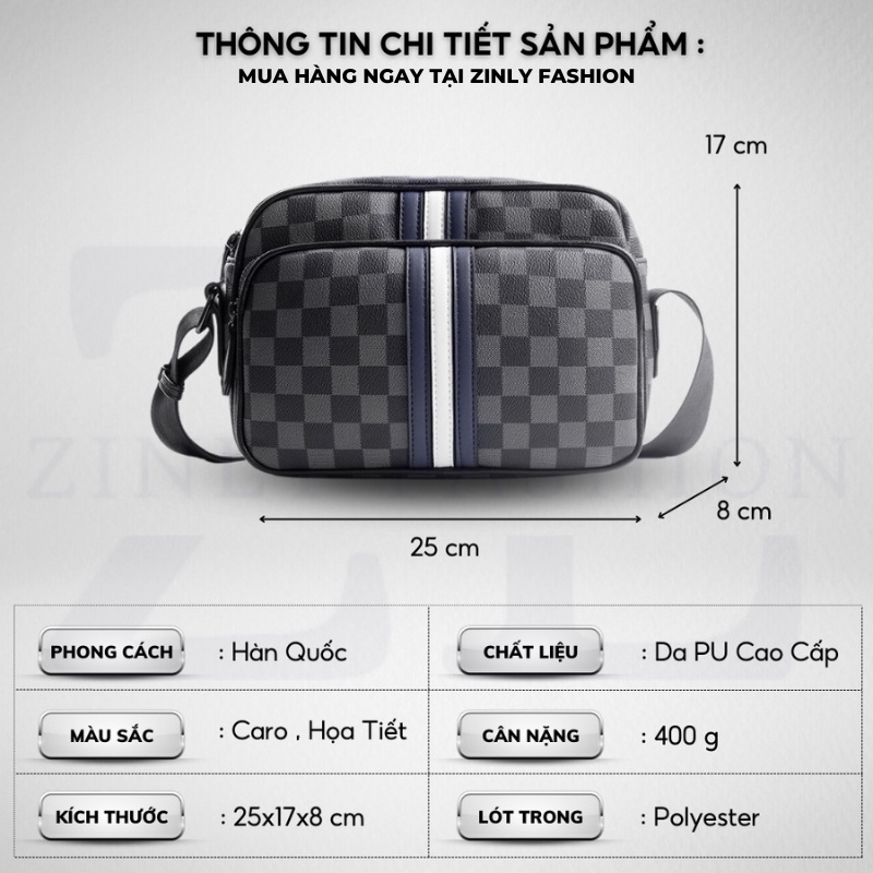 Túi Đeo Chéo Nam Nữ Da PU Hoạ Tiết Caro Dầy Dặn Sọc Trắng Xanh - Zinly