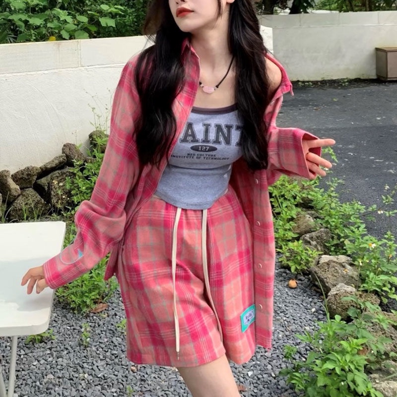 Set Áo Sơ Mi Caro + Quần Short Lưng Cao Phong Cách Retro Cho Nữ