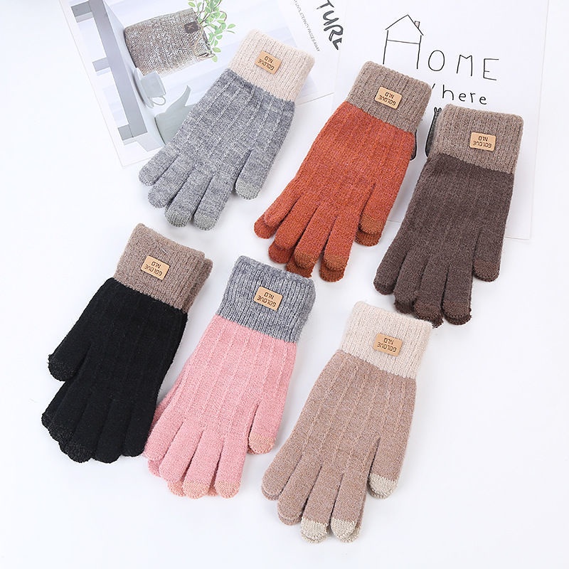 Set 2 đôi găng tay dệt kim dày dặn giữ ấm mùa đông dễ thương có thể dùng màn hình cảm ứng cho nữ