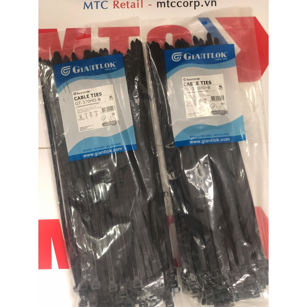 Túi 100 Dây thít, dây rút nhựa màu đen 370×7.6mm cao cấp GT370HDB nhập khẩu Giantlok-Thái Lan