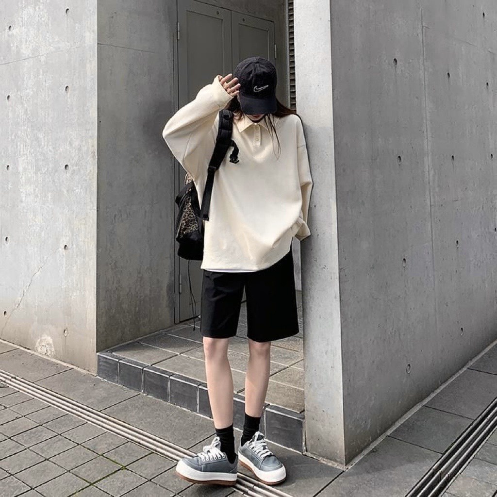 Áo Sweater Nỉ Dài Tay Nữ Dáng Rộng Phong Cách Hàn Quốc, Áo Nỉ Cổ Polo Thời Trang Cao Cấp Ullzang