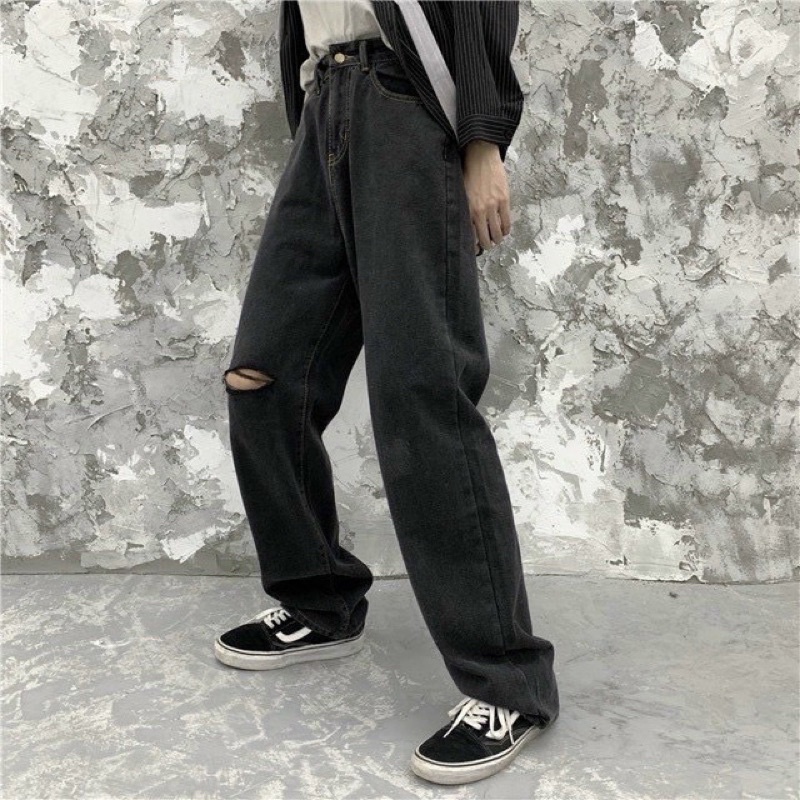 Quần baggy jean rách gối nam nữ
