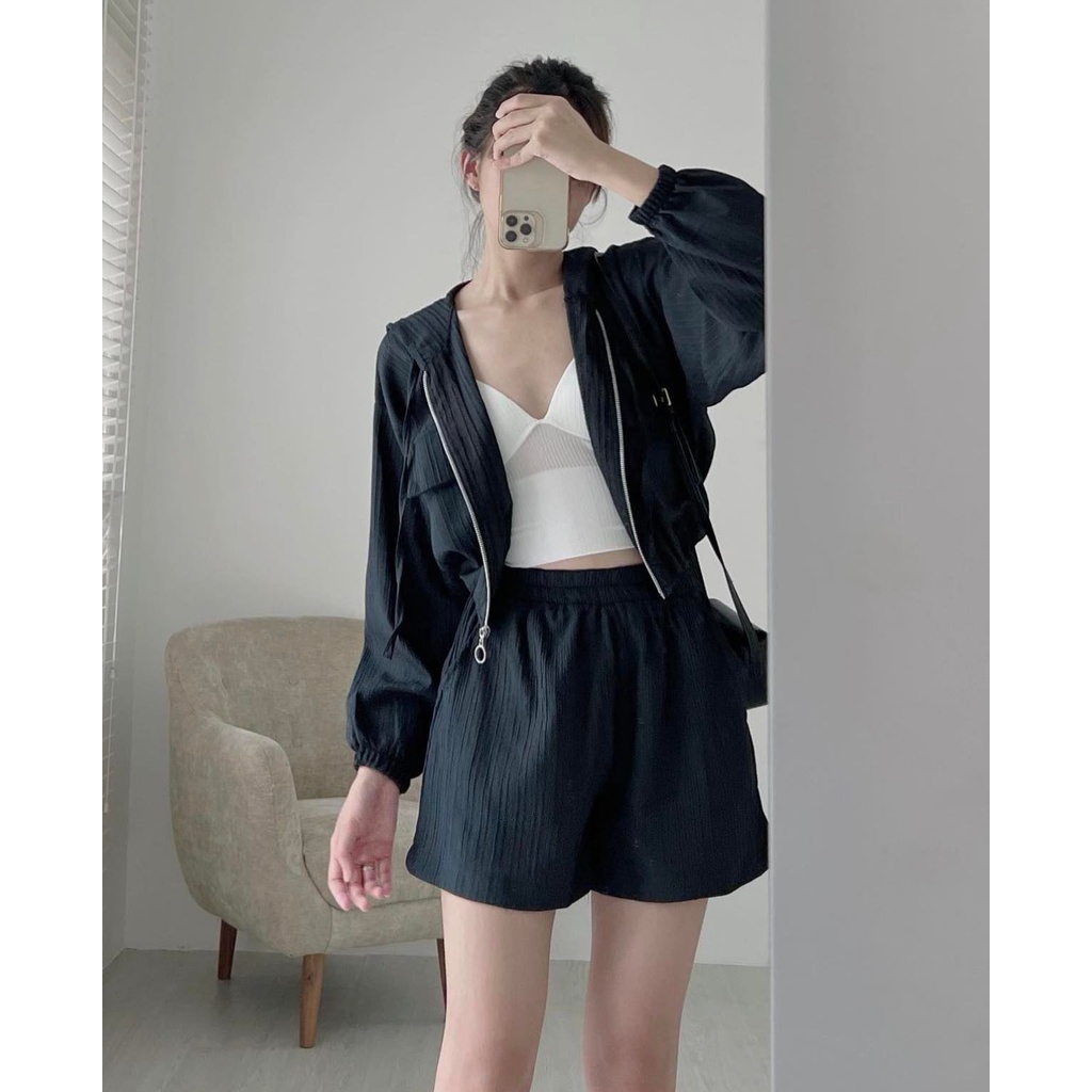 Set 3 món áo khoác hodie áo 2 dây kèm quần short mặc thu đông phong cách cá tính Hàn Quốc